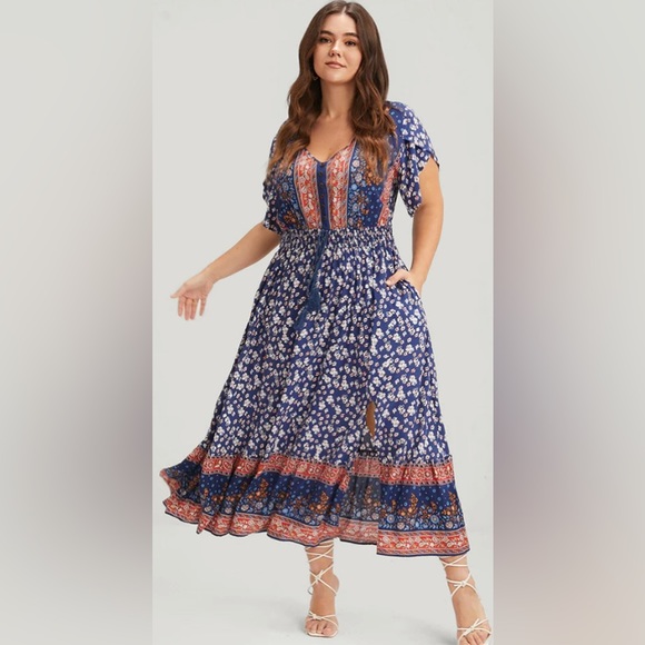 New W/O Tag14/16 1X BloomChic Blue Red Floral Split Ruffled Ties.Tag came off - Picture 1 of 10